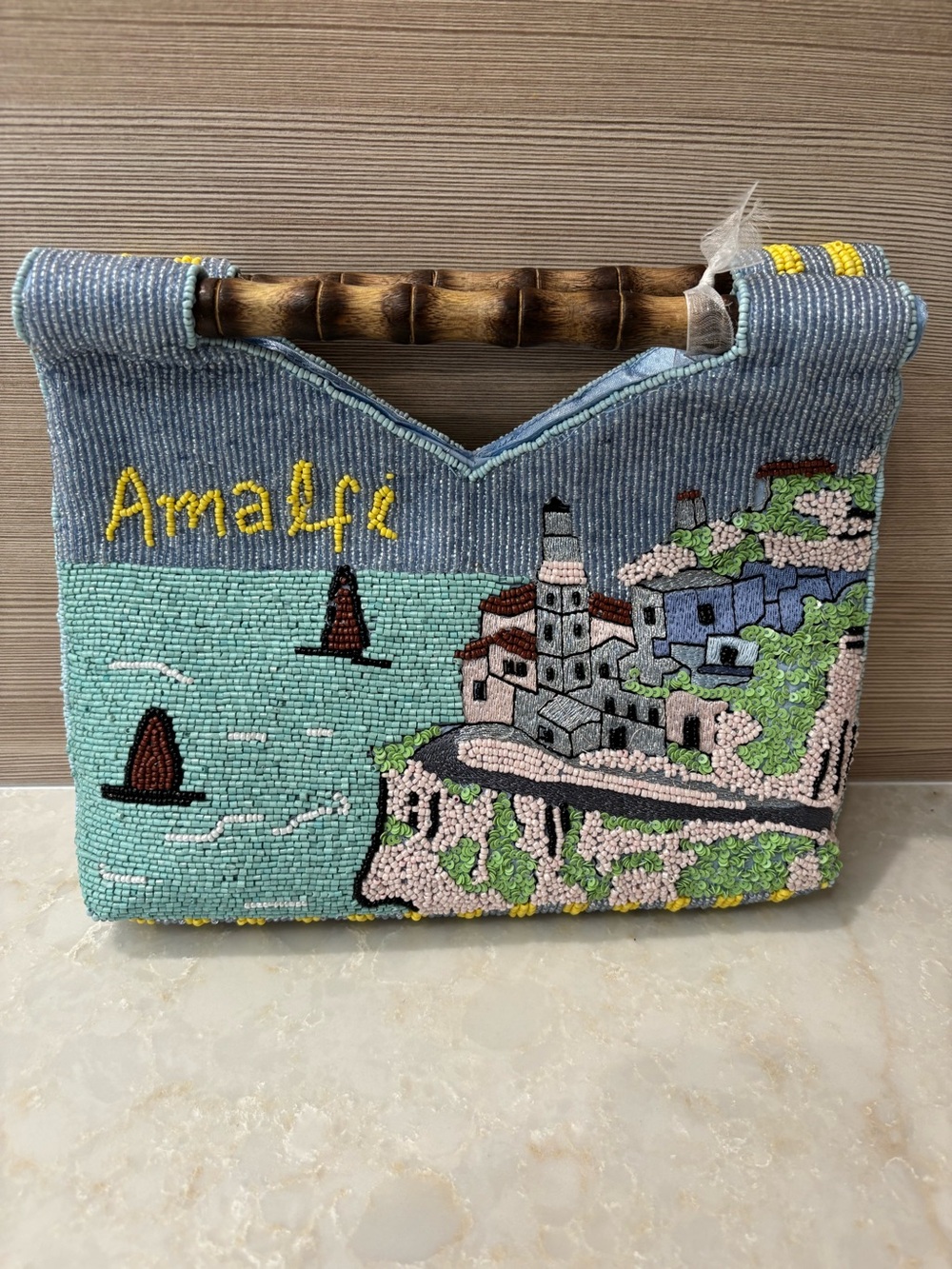 NWT Amalfi Coast Blue & Yellow Hand-Beaded Coastal Scene Tote